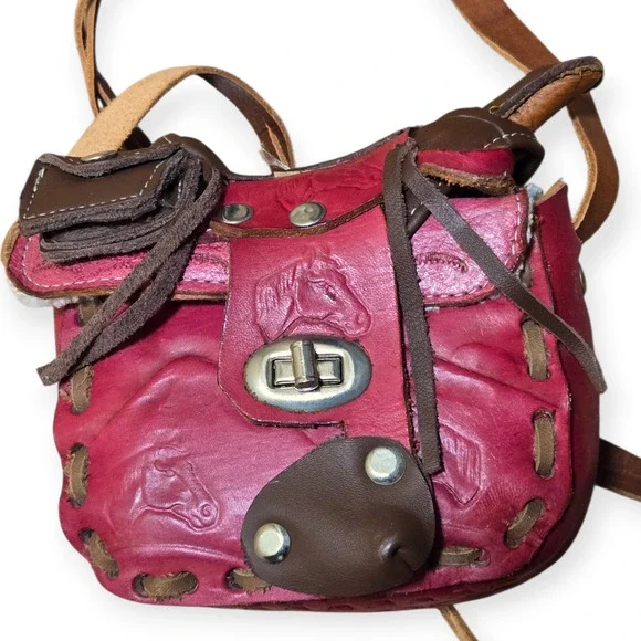 Genuine Leather Red Brown Silver Horse Equestrian Mini Vintage Saddle Bag - Picture 2 of 9